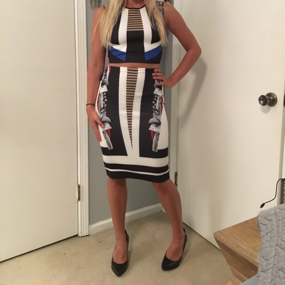 Clover Canyon Black White Geometric Crop Top & Pencil Skirt with Blue Accents
